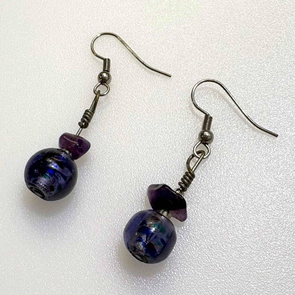 Artisan Amethyst Stone And Lavender Glass Crystal Drop Earrings